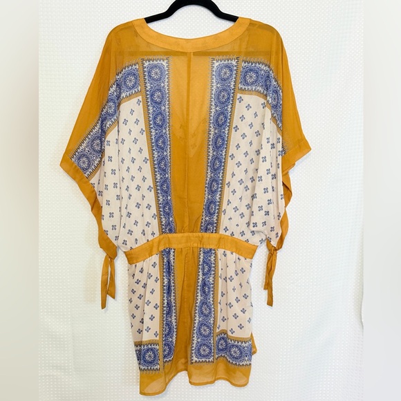 Free People Santa Cruz Kimono Dress Boho Print Tunic Mini Flowy Yellow Blue M - Picture 13 of 13